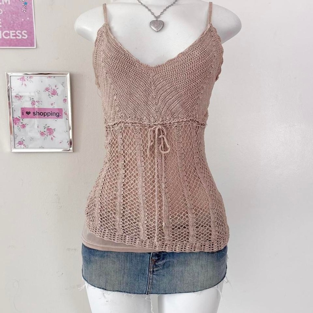 Y2K SayWhat Taupe Crochet Knit Tank Top